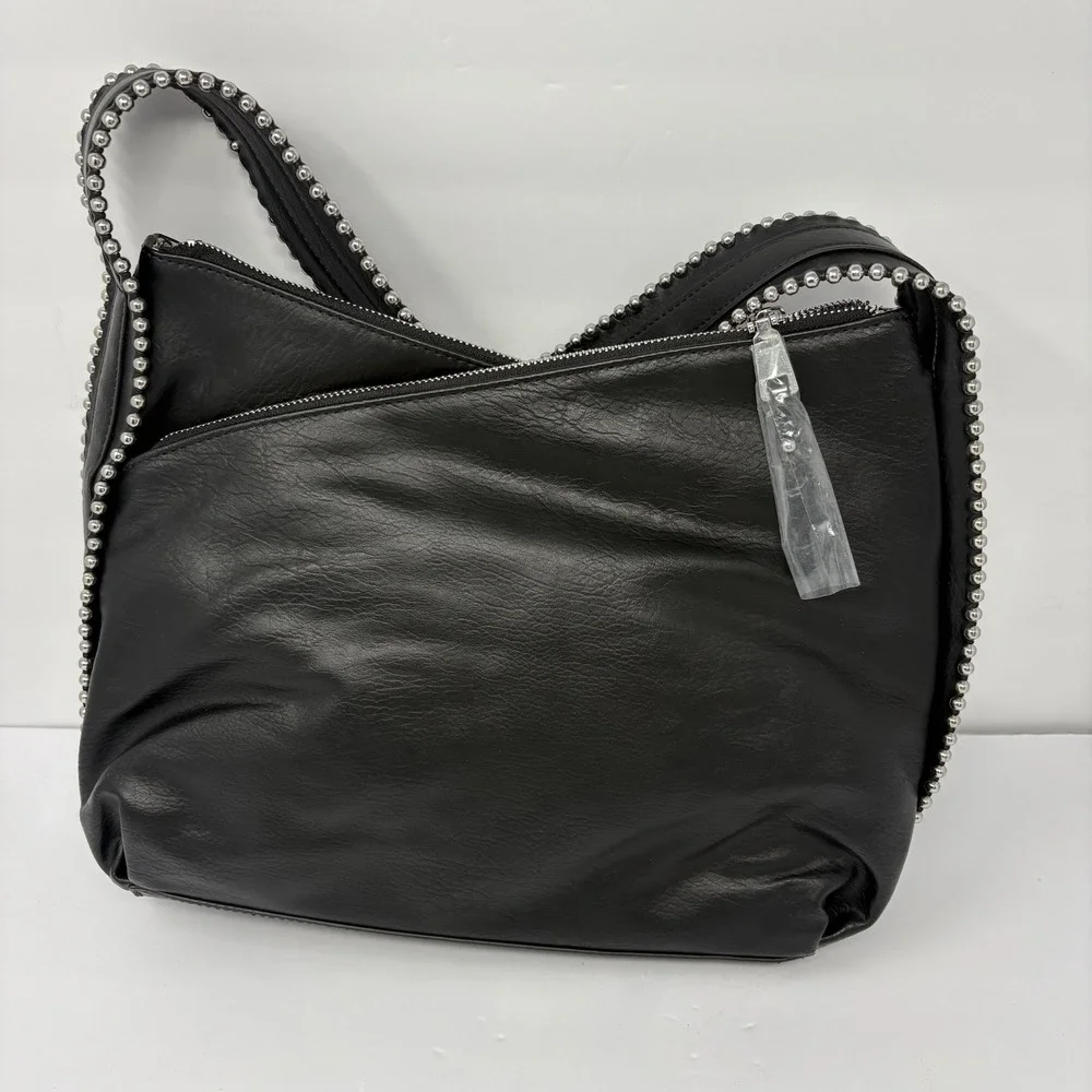 INC International Concepts Black Studded Shoulder Bag Silver Beaded Purse New